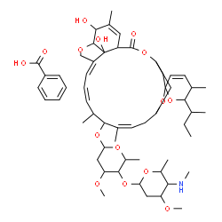 ChemSpider 2D Image | (10'Z,14'Z,16'Z)-6-sec-Butyl-21',24'-dihydroxy-5,11',13',22'-tetramethyl-2'-oxo-5,6-dihydrospiro[pyran-2,6'-[3,7,19]trioxatetracyclo[15.6.1.1~4,8~.0~20,24~]pentacosa[10,14,16,22]tetraen]-12'-yl 2,6-di
deoxy-3-O-methyl-4-O-[2,4,6-trideoxy-3-O-methyl-4-(methylamino)hexopyranosyl]hexopyranoside benzoate (1:1) | C56H81NO15