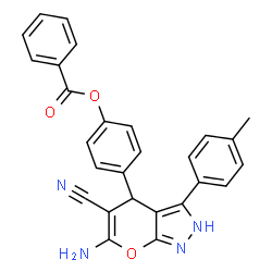 ChemSpider 2D Image | 4-[6-Amino-5-cyano-3-(4-methylphenyl)-2,4-dihydropyrano[2,3-c]pyrazol-4-yl]phenyl benzoate | C27H20N4O3