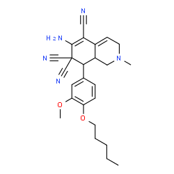 ChemSpider 2D Image | 6-Amino-8-[3-methoxy-4-(pentyloxy)phenyl]-2-methyl-2,3,8,8a-tetrahydro-5,7,7(1H)-isoquinolinetricarbonitrile | C25H29N5O2