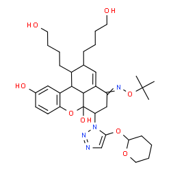 ChemSpider 2D Image | 1,2-Bis(4-hydroxybutyl)-4-{[(2-methyl-2-propanyl)oxy]imino}-6-[5-(tetrahydro-2H-pyran-2-yloxy)-1H-1,2,3-triazol-1-yl]-2,4,5,6,11b,11c-hexahydrobenzo[kl]xanthene-6a,10(1H)-diol | C35H50N4O8