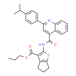 ChemSpider 2D Image | Propyl 2-({[2-(4-isopropylphenyl)-4-quinolinyl]carbonyl}amino)-5,6-dihydro-4H-cyclopenta[b]thiophene-3-carboxylate | C30H30N2O3S