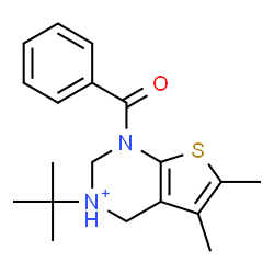 ChemSpider 2D Image | 1-Benzoyl-5,6-dimethyl-3-(2-methyl-2-propanyl)-1,2,3,4-tetrahydrothieno[2,3-d]pyrimidin-3-ium | C19H25N2OS