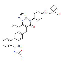ChemSpider 2D Image | 4-{trans-4-[(1-Hydroxycyclobutyl)methoxy]cyclohexyl}-6-{[2'-(5-oxo-2,5-dihydro-1,2,4-oxadiazol-3-yl)-4-biphenylyl]methyl}-7-propyl[1,2,4]triazolo[1,5-a]pyrimidin-5(4H)-one | C34H38N6O5