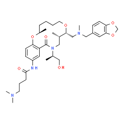 ChemSpider 2D Image | N-{(2R,8S,9S)-8-{[(1,3-Benzodioxol-5-ylmethyl)(methyl)amino]methyl}-11-[(2R)-1-hydroxy-2-propanyl]-2,9-dimethyl-12-oxo-3,4,5,6,9,10,11,12-octahydro-2H,8H-1,7,11-benzodioxazacyclotetradecin-14-yl}-4-(d
imethylamino)butanamide | C36H54N4O7