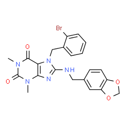 ChemSpider 2D Image | 8-[(1,3-Benzodioxol-5-ylmethyl)amino]-7-(2-bromobenzyl)-1,3-dimethyl-3,7-dihydro-1H-purine-2,6-dione | C22H20BrN5O4