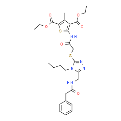 ChemSpider 2D Image | Diethyl 5-({[(4-butyl-5-{[(phenylacetyl)amino]methyl}-4H-1,2,4-triazol-3-yl)sulfanyl]acetyl}amino)-3-methyl-2,4-thiophenedicarboxylate | C28H35N5O6S2