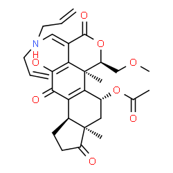 ChemSpider 2D Image | (1E,4R,4aS,5R,6aR,9aR)-1-[(Diallylamino)methylene]-11-hydroxy-4-(methoxymethyl)-4a,6a-dimethyl-2,7,10-trioxo-1,2,4,4a,5,6,6a,7,8,9,9a,10-dodecahydroindeno[4,5-h]isochromen-5-yl acetate | C29H35NO8