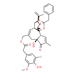ChemSpider 2D Image | [(1S,6S,15S,17R)-13-Benzyl-6-hydroxy-15-isopropenyl-4,17-dimethyl-5-oxo-12,14,18-trioxapentacyclo[11.4.1.0~1,10~.0~2,6~.0~11,15~]octadeca-3,8-dien-8-yl]methyl (4-hydroxy-3-iodo-5-methoxyphenyl)acetate | C37H39IO9