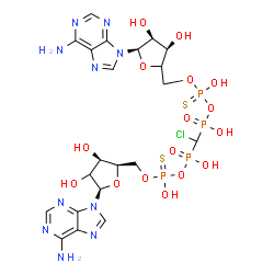ChemSpider 2D Image | [[(2R,3R,5R)-5-(6-aminopurin-9-yl)-3,4-dihydroxy-tetrahydrofuran-2-yl]methoxy-hydroxy-phosphinothioyl]oxy-[[[[(3R,4S,5R)-5-(6-aminopurin-9-yl)-3,4-dihydroxy-tetrahydrofuran-2-yl]methoxy-hydroxy-phosphinothioyl]oxy-hydroxy-phosphoryl]-chloro-methyl]phosphinic acid | C21H29ClN10O16P4S2