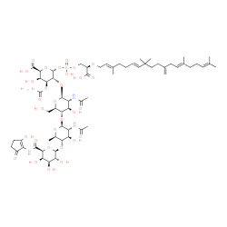 ChemSpider 2D Image | (2S,3R,4S,5R,6R)-5-{[(2S,3R,4R,5S,6R)-3-Acetamido-5-{[(2S,3R,4R,5S,6R)-3-acetamido-4-hydroxy-6-methyl-5-({(2R,3R,4S,5R,6S)-3,4,5-trihydroxy-6-[(2-hydroxy-5-oxo-1-cyclopenten-1-yl)carbamoyl]tetrahydro-
2H-pyran-2-yl}oxy)tetrahydro-2H-pyran-2-yl]oxy}-4-hydroxy-6-(hydroxymethyl)tetrahydro-2H-pyran-2-yl]oxy}-4-(carbamoyloxy)-6-({[(2R)-2-carboxy-2-{[(2E,6E,13E)-3,8,8,14,18-pentamethyl-11-methylene-2,6,1
3,17-nonadecatetraen-1-yl]oxy}ethoxy](hydroxy)phosphoryl}oxy)-3-hydroxytetrahydro-2H-pyran-2-carboxylic acid (non-preferred name) | C62H95N4O30P