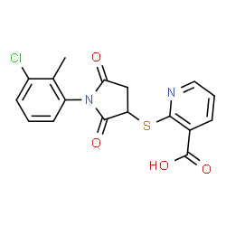 ChemSpider 2D Image | 2-{[1-(3-Chloro-2-methylphenyl)-2,5-dioxo-3-pyrrolidinyl]sulfanyl}nicotinic acid | C17H13ClN2O4S