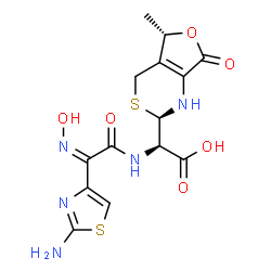 ChemSpider 2D Image | (2R)-{[(2Z)-2-(2-Amino-1,3-thiazol-4-yl)-2-(hydroxyimino)acetyl]amino}[(2R,5S)-5-methyl-7-oxo-1,2,5,7-tetrahydro-4H-furo[3,4-d][1,3]thiazin-2-yl]acetic acid | C14H15N5O6S2