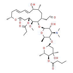 ChemSpider 2D Image | (2S,3S,4R,6S)-6-{[(2R,3S,4R,5R,6S)-4-(Dimethylamino)-5-hydroxy-6-{[(4R,5S,6S,7R,9R,10R,11E,13E,16R)-10-hydroxy-5-methoxy-9,16-dimethyl-2-oxo-7-(2-oxoethyl)-4-(propionyloxy)oxacyclohexadeca-11,13-dien-
6-yl]oxy}-2-methyltetrahydro-2H-pyran-3-yl]oxy}-4-hydroxy-2,4-dimethyltetrahydro-2H-pyran-3-yl butanoate (non-preferred name) | C42H69NO15