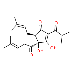 ChemSpider 2D Image | (4S,5R)-3,4-Dihydroxy-2-isobutyryl-5-(3-methyl-2-buten-1-yl)-4-(4-methyl-3-pentenoyl)-2-cyclopenten-1-one | C20H28O5