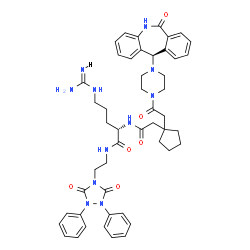 ChemSpider 2D Image | N-[2-(3,5-Dioxo-1,2-diphenyl-1,2,4-triazolidin-4-yl)ethyl]-N~2~-{[1-(2-oxo-2-{4-[(11R)-6-oxo-6,11-dihydro-5H-dibenzo[b,e]azepin-11-yl]-1-piperazinyl}ethyl)cyclopentyl]acetyl}-L-argininamide | C49H57N11O6
