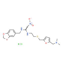 ChemSpider 2D Image | N-(1,3-Benzodioxol-5-ylmethyl)-N'-{2-[({5-[(dimethylamino)methyl]-2-furyl}methyl)sulfanyl]ethyl}-2-nitro-1,1-ethenediamine hydrochloride (1:1) | C20H27ClN4O5S