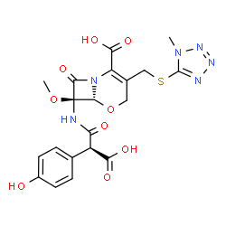 ChemSpider 2D Image | (6R,7R)-7-{[(2S)-2-Carboxy-2-(4-hydroxyphenyl)acetyl]amino}-7-methoxy-3-{[(1-methyl-1H-tetrazol-5-yl)sulfanyl]methyl}-8-oxo-5-oxa-1-azabicyclo[4.2.0]oct-2-ene-2-carboxylic acid | C20H20N6O9S