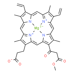ChemSpider 2D Image | {3-[18-(3-Methoxy-3-oxopropanoyl)-3,7,12,17-tetramethyl-8,13-divinyl-2-porphyrinyl-kappa~4~N~21~,N~22~,N~23~,N~24~]propanoato(3-)}magnesate(1-) | C35H31MgN4O5