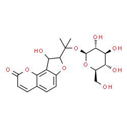 ChemSpider 2D Image | 2-(9-Hydroxy-2-oxo-8,9-dihydro-2H-furo[2,3-h]chromen-8-yl)-2-propanyl beta-D-glucopyranoside | C20H24O10