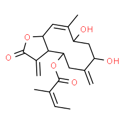 ChemSpider 2D Image | (10Z)-7,9-Dihydroxy-10-methyl-3,6-bis(methylene)-2-oxo-2,3,3a,4,5,6,7,8,9,11a-decahydrocyclodeca[b]furan-4-yl (2Z)-2-methyl-2-butenoate | C20H26O6
