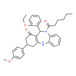 ChemSpider 2D Image | 11-(2-Ethoxyphenyl)-10-hexanoyl-3-(4-methoxyphenyl)-2,3,4,5,10,11-hexahydro-1H-dibenzo[b,e][1,4]diazepin-1-one | C34H38N2O4