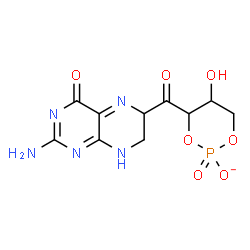 ChemSpider 2D Image | 4-[(2-Amino-4-oxo-4,6,7,8-tetrahydro-6-pteridinyl)carbonyl]-5-hydroxy-1,3,2-dioxaphosphinan-2-olate 2-oxide | C10H11N5O7P
