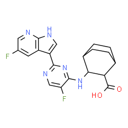 ChemSpider 2D Image | (1R,2S,3S,4R)-3-{[5-Fluoro-2-(5-fluoro-1H-pyrrolo[2,3-b]pyridin-3-yl)-4-pyrimidinyl]amino}bicyclo[2.2.2]octane-2-carboxylic acid | C20H19F2N5O2