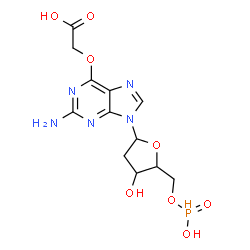 ChemSpider 2D Image | 6-(Carboxymethoxy)-9-{2-deoxy-5-O-[hydroxy(oxido)phosphoranyl]-beta-D-erythro-pentofuranosyl}-9H-purin-2-amine | C12H16N5O8P
