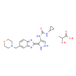 ChemSpider 2D Image | 2-Hydroxypropanoic acid - 1-cyclopropyl-3-{(3Z)-3-[5-(4-morpholinylmethyl)-2H-benzimidazol-2-ylidene]-2,3-dihydro-1H-pyrazol-4-yl}urea (1:1) | C22H29N7O5
