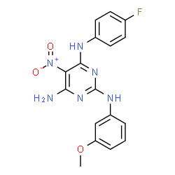 ChemSpider 2D Image | N4-(4-fluorophenyl)-N2-(3-methoxyphenyl)-5-nitropyrimidine-2,4,6-triamine | C17H15FN6O3