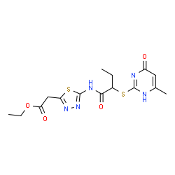 ChemSpider 2D Image | Ethyl [5-({2-[(6-methyl-4-oxo-1,4-dihydro-2-pyrimidinyl)sulfanyl]butanoyl}amino)-1,3,4-thiadiazol-2-yl]acetate | C15H19N5O4S2