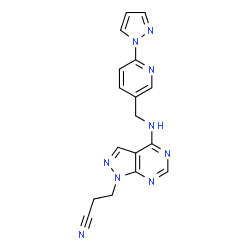 ChemSpider 2D Image | 3-[4-({[6-(1H-Pyrazol-1-yl)-3-pyridinyl]methyl}amino)-1H-pyrazolo[3,4-d]pyrimidin-1-yl]propanenitrile | C17H15N9