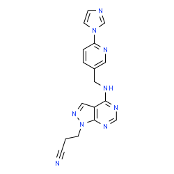 ChemSpider 2D Image | 3-[4-({[6-(1H-Imidazol-1-yl)-3-pyridinyl]methyl}amino)-1H-pyrazolo[3,4-d]pyrimidin-1-yl]propanenitrile | C17H15N9