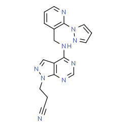 ChemSpider 2D Image | 3-[4-({[2-(1H-Pyrazol-1-yl)-3-pyridinyl]methyl}amino)-1H-pyrazolo[3,4-d]pyrimidin-1-yl]propanenitrile | C17H15N9