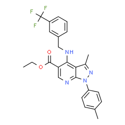 ChemSpider 2D Image | Ethyl 3-methyl-1-(4-methylphenyl)-4-{[3-(trifluoromethyl)benzyl]amino}-1H-pyrazolo[3,4-b]pyridine-5-carboxylate | C25H23F3N4O2