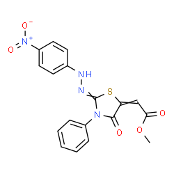 ChemSpider 2D Image | Methyl {2-[(4-nitrophenyl)hydrazono]-4-oxo-3-phenyl-1,3-thiazolidin-5-ylidene}acetate | C18H14N4O5S