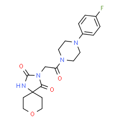 ChemSpider 2D Image | 3-{2-[4-(4-Fluorophenyl)-1-piperazinyl]-2-oxoethyl}-8-oxa-1,3-diazaspiro[4.5]decane-2,4-dione | C19H23FN4O4