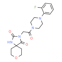 ChemSpider 2D Image | 3-{2-[4-(2-Fluorophenyl)-1-piperazinyl]-2-oxoethyl}-8-oxa-1,3-diazaspiro[4.5]decane-2,4-dione | C19H23FN4O4