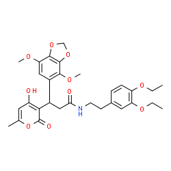 ChemSpider 2D Image | N-[2-(3,4-Diethoxyphenyl)ethyl]-3-(4,7-dimethoxy-1,3-benzodioxol-5-yl)-3-(4-hydroxy-6-methyl-2-oxo-2H-pyran-3-yl)propanamide | C30H35NO10