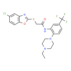 ChemSpider 2D Image | 2-[(5-Chloro-1,3-benzoxazol-2-yl)sulfanyl]-N-[2-(4-ethyl-1-piperazinyl)-5-(trifluoromethyl)phenyl]acetamide | C22H22ClF3N4O2S