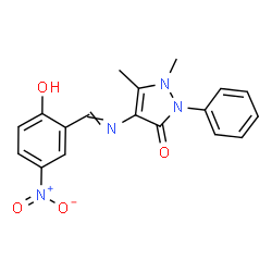 ChemSpider 2D Image | 4-[(2-hydroxy-5-nitrobenzylidene)amino]-1,5-dimethyl-2-phenyl-1,2-dihydro-3H-pyrazol-3-one | C18H16N4O4