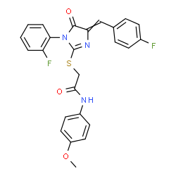 ChemSpider 2D Image | 2-{[4-(4-Fluorobenzylidene)-1-(2-fluorophenyl)-5-oxo-4,5-dihydro-1H-imidazol-2-yl]sulfanyl}-N-(4-methoxyphenyl)acetamide | C25H19F2N3O3S