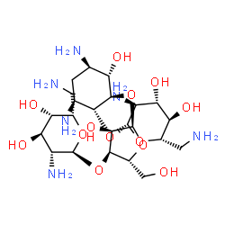 ChemSpider 2D Image | (1R,2R,3S,4R,6S)-4,6-Diamino-2-{[3-O-(2,6-diamino-2,6-dideoxy-alpha-L-idopyranosyl)-alpha-D-ribofuranosyl]oxy}-3-hydroxycyclohexyl 2,6-diamino-2,6-dideoxy-beta-L-glucopyranoside | C23H46N6O13