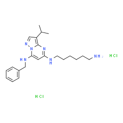 ChemSpider 2D Image | N~5~-(6-Aminohexyl)-N~7~-benzyl-3-isopropylpyrazolo[1,5-a]pyrimidine-5,7-diamine dihydrochloride | C22H34Cl2N6