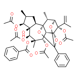ChemSpider 2D Image | (1R,2R,4S,5S,6R,7S,8R,9S,10S,11R,15S,16R,18S)-5,7,9,18-Tetraacetoxy-6-hydroxy-18-isopropenyl-4,8,16-trimethyl-13-phenyl-12,14,17-trioxapentacyclo[11.3.1.1~11,15~.0~1,10~.0~2,6~]octadec-8-yl benzoate | C42H48O14