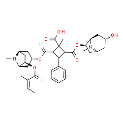 ChemSpider 2D Image | 2-({[(1S,3R,5R,6R)-3-Hydroxy-8-methyl-8-azabicyclo[3.2.1]oct-6-yl]oxy}carbonyl)-1-methyl-4-({[(1S,3S,5R,6R)-8-methyl-6-{[(2Z)-2-methyl-2-butenoyl]oxy}-8-azabicyclo[3.2.1]oct-3-yl]oxy}carbonyl)-3-pheny
lcyclobutanecarboxylic acid | C35H46N2O9