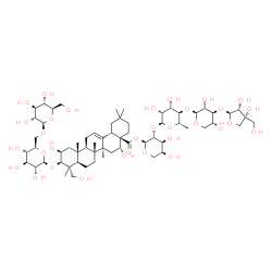 ChemSpider 2D Image | 3-O-[(2S,3R,4R)-3,4-Dihydroxy-4-(hydroxymethyl)tetrahydro-2-furanyl]-beta-D-xylopyranosyl-(1->4)-6-deoxy-alpha-L-mannopyranosyl-(1->2)-1-O-[(2beta,3beta,16alpha)-3-{[6-O-(beta-D-glucopyranosyl)-beta-D
-glucopyranosyl]oxy}-2,16,23-trihydroxy-28-oxoolean-12-en-28-yl]-alpha-L-arabinopyranose | C63H102O32