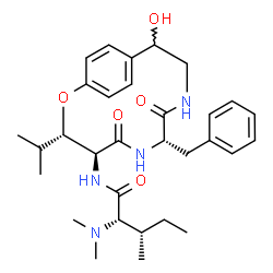 ChemSpider 2D Image | N-[(3S,4S,7S)-7-Benzyl-11-hydroxy-3-isopropyl-5,8-dioxo-2-oxa-6,9-diazabicyclo[10.2.2]hexadeca-1(14),12,15-trien-4-yl]-N~2~,N~2~-dimethyl-L-isoleucinamide | C31H44N4O5