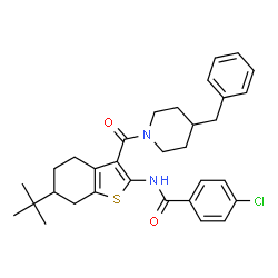 ChemSpider 2D Image | N-{3-[(4-Benzyl-1-piperidinyl)carbonyl]-6-(2-methyl-2-propanyl)-4,5,6,7-tetrahydro-1-benzothiophen-2-yl}-4-chlorobenzamide | C32H37ClN2O2S