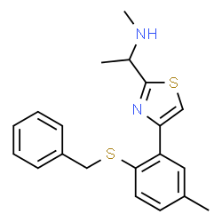ChemSpider 2D Image | 1-{4-[2-(Benzylsulfanyl)-5-methylphenyl]-1,3-thiazol-2-yl}-N-methylethanamine | C20H22N2S2